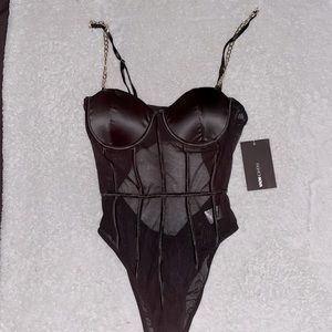 NWT Gold chain straps black bodysuit